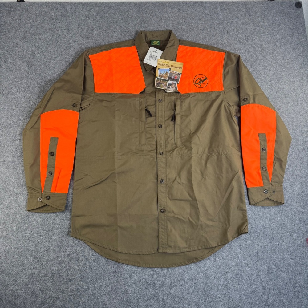 Cabelas Extreme Upland Shirt Mens Medium Khaki Blaze Orange Hunting Button Down